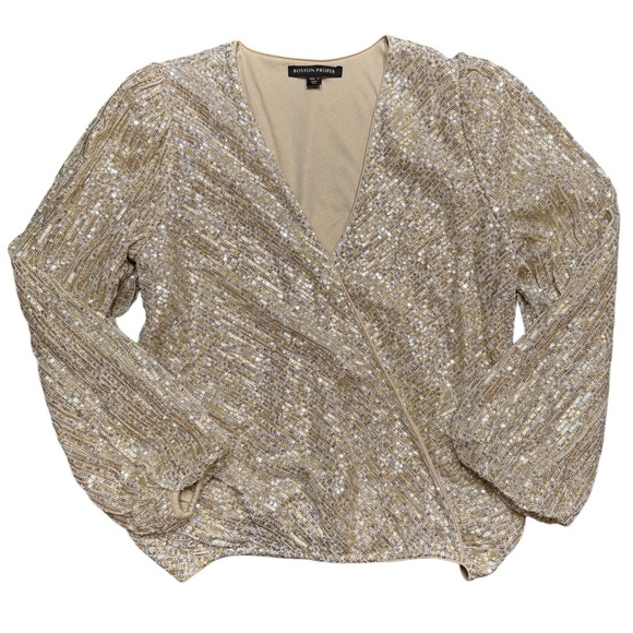 {Boston Proper} Balloon Sleeve Full Sequin Faux Wrap Criss Cross Surplice Blouse - Picture 1 of 6